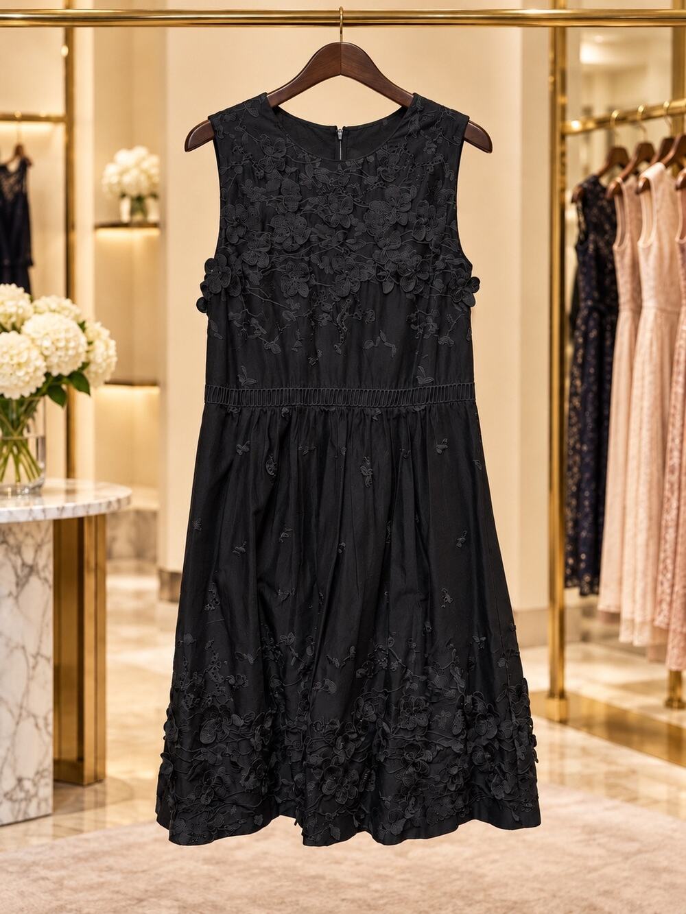 Elie Tahari Black Floral Embroidered Applique Fit & Flare Dress Size 14 Cocktail